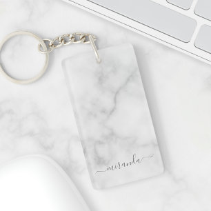 Modern Script Personalised Name White Marble Key Ring