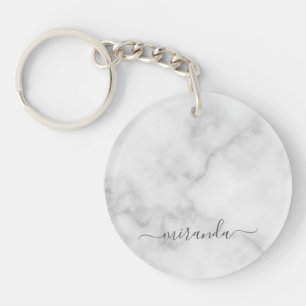 Modern Script Personalised Name White Marble Key Ring