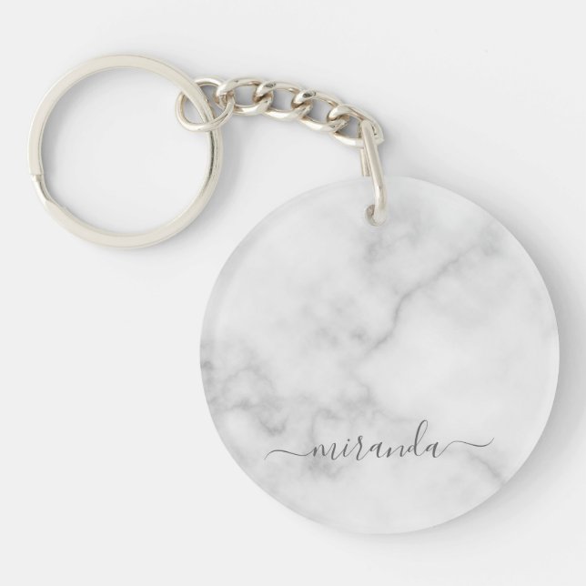 Modern Script Personalised Name White Marble Key Ring (Front)
