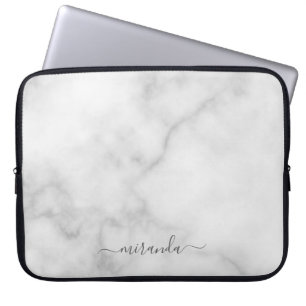Modern Script Personalised Name White Marble Laptop Sleeve