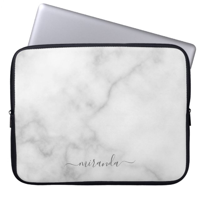 Modern Script Personalised Name White Marble Laptop Sleeve (Front)