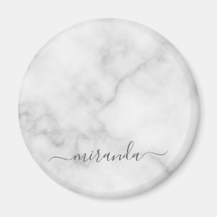 Modern Script Personalised Name White Marble Magnet