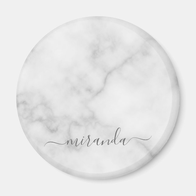 Modern Script Personalised Name White Marble Magnet (Front)