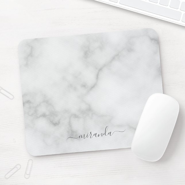 Modern Script Personalised Name White Marble Mouse Pad (Creator Uploaded)