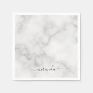 Modern Script Personalised Name White Marble Napkin