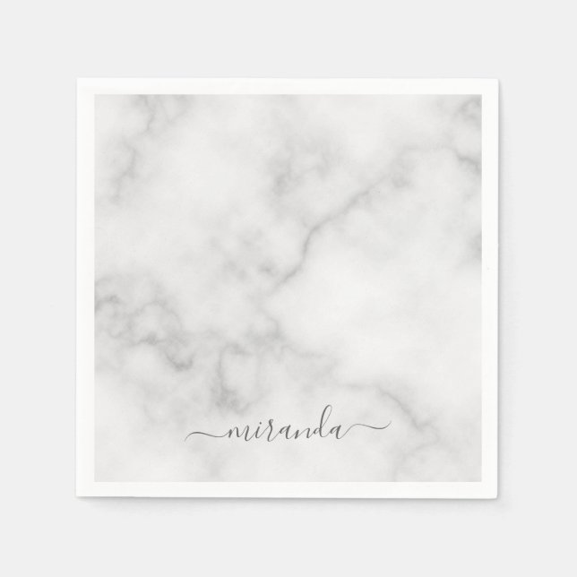 Modern Script Personalised Name White Marble Napkin (Front)