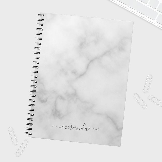 Modern Script Personalised Name White Marble Notebook (Creator Uploaded)