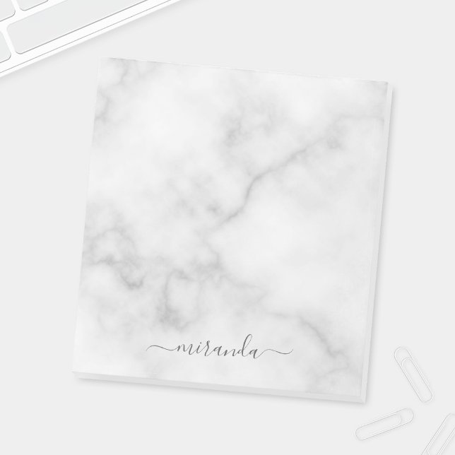 Modern Script Personalised Name White Marble Notepad (Creator Uploaded)