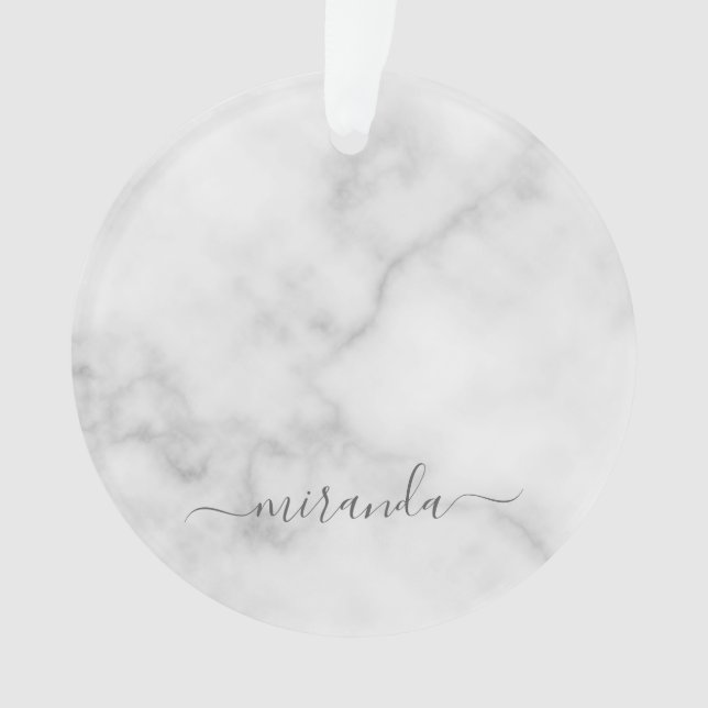 Modern Script Personalised Name White Marble Ornament (Front)