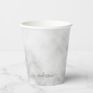 Modern Script Personalised Name White Marble Paper Cups