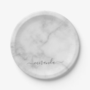 Modern Script Personalised Name White Marble Paper Plate