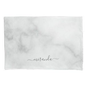 Modern Script Personalised Name White Marble Pillowcase