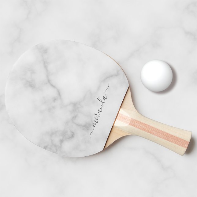 Modern Script Personalised Name White Marble Ping Pong Paddle (Creator Uploaded)