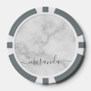 Modern Script Personalised Name White Marble Poker Chips