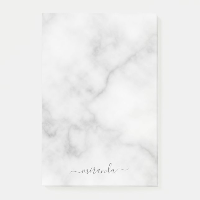 Modern Script Personalised Name White Marble Post-it Notes (Front)