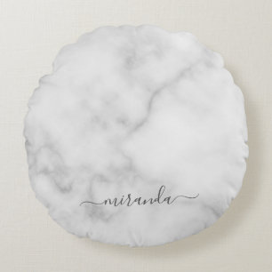 Modern Script Personalised Name White Marble Round Cushion