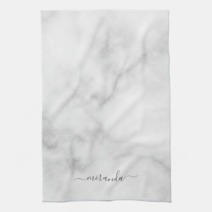 Modern Script Personalised Name White Marble Tea Towel