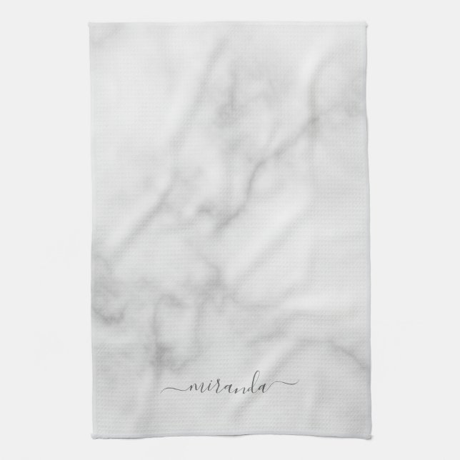Modern Script Personalised Name White Marble Tea Towel (Vertical)