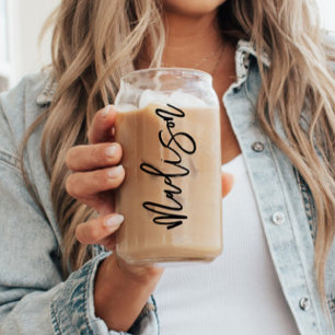 Modern Script Personalized Bridesmaid Gift Name Can Glass