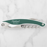 Modern Script Personalized Groomsman Corkscrew<br><div class="desc">Add a personal touch to your wedding with personalized groomsman gift. This design features personalized groomsman's name in white modern script font style and monogram in light emerald green modern script font style as background with title in white modern sans serif font style on emerald green background. Also perfect for...</div>