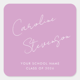 Modern Script Personalized Name Graduation Purple Square Sticker