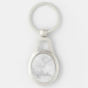 Modern Script Personalized Name White Marble Key Ring