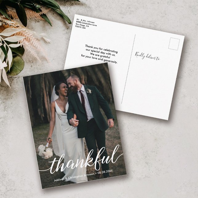 Modern Script Personalized Thankful Wedding Photo Announcement Postcard (Modern thankful script wedding photo postcard)
