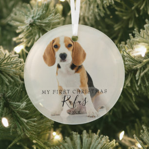 Modern Script Pet Name My First Christmas Photo Glass Tree Decoration