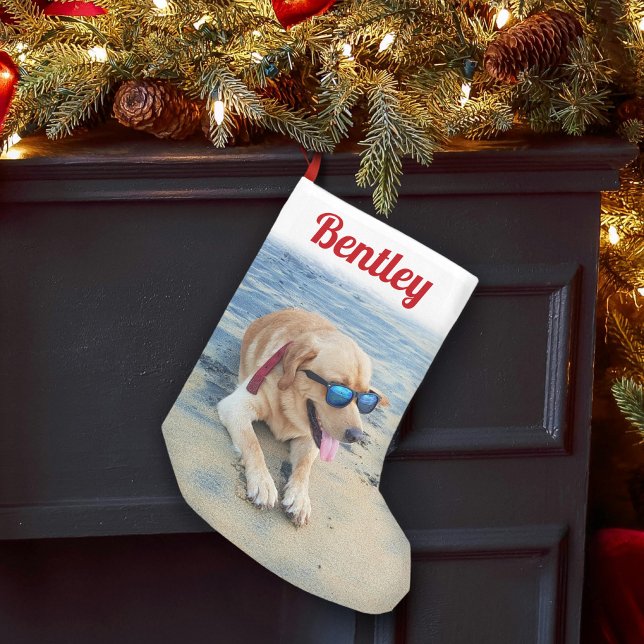 Modern Script Pet Name & Photo Cute Festive Red Small Christmas Stocking (Creator Uploaded)