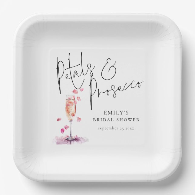 Modern Script Petals and Prosecco Bridal Shower Paper Plate (Front)