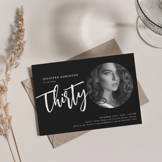 Modern Script Photo 30th Birthday Party Black Invitation (Modern Script Photo 30th Birthday Party Black Invitation)