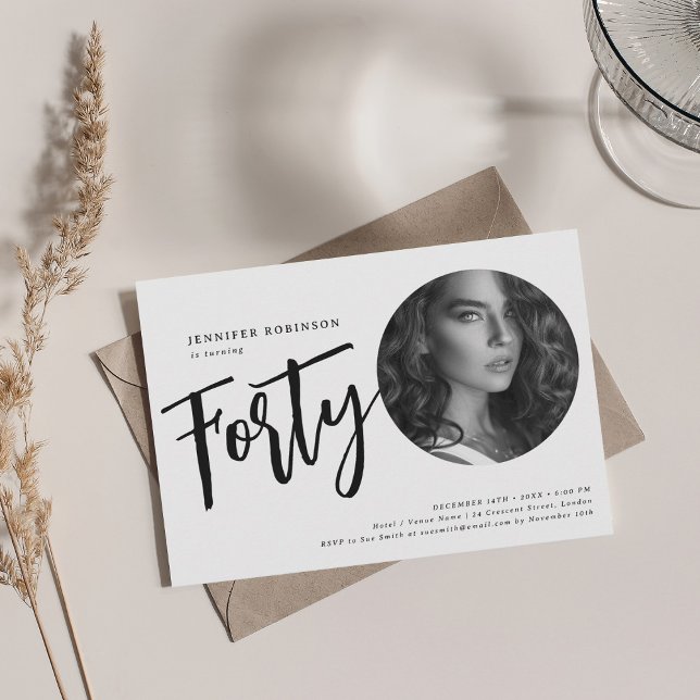 Modern Script Photo 40th Birthday Black & White Invitation (Modern Script Photo 40th Birthday Black & White Invitation)