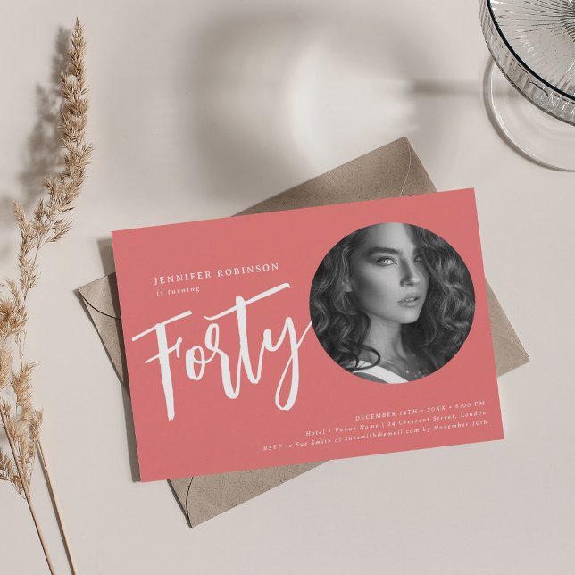 Modern Script Photo 40th Birthday Party Coral  Invitation (Modern Script Photo 40th Birthday Party Coral Invitation)