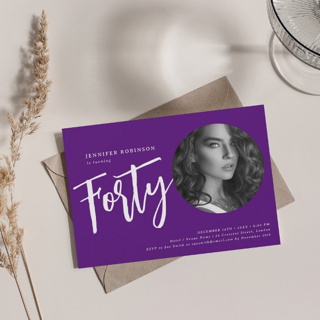 Modern Script Photo 40th Birthday Party Purple  Invitation (Modern Script Photo 40th Birthday Party Purple Invitation)