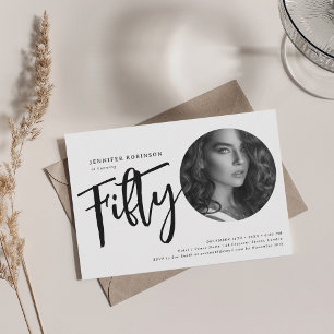 Modern Script Photo 50th Birthday Black & White Invitation