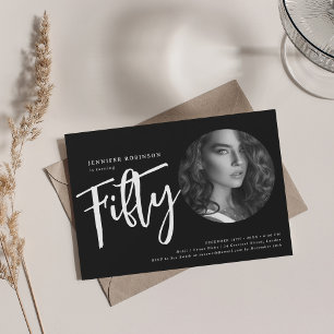 Modern Script Photo 50th Birthday Party Black  Invitation