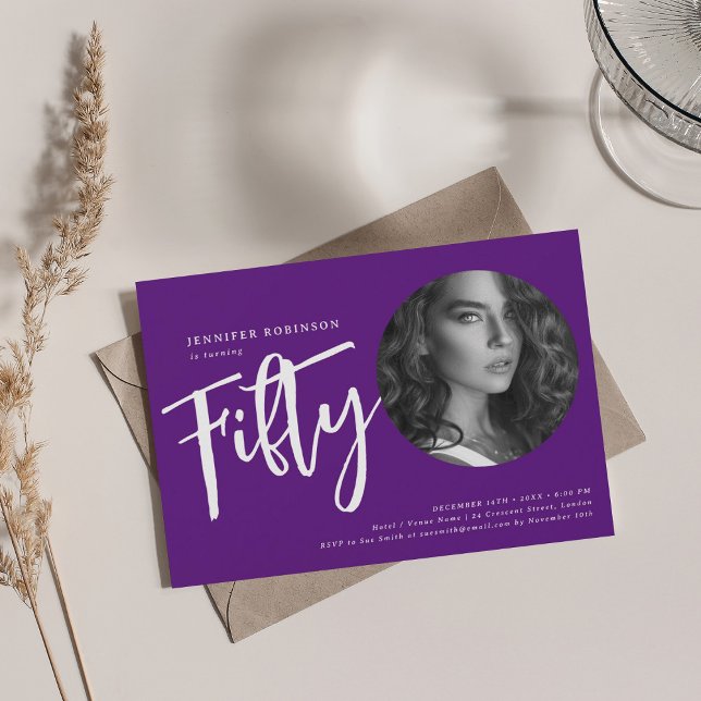 Modern Script Photo 50th Birthday Party Purple  Invitation (Modern Script Photo 50th Birthday Party Purple Invitation)