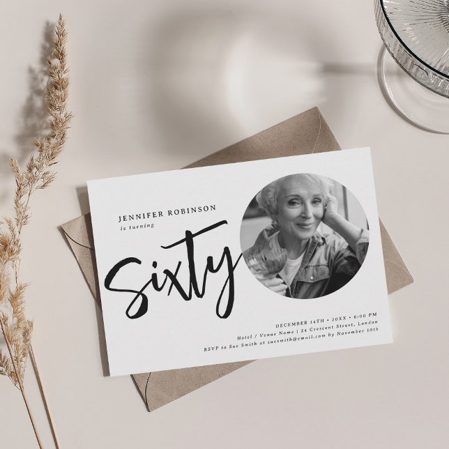 Modern Script Photo 60th Birthday Black & White Invitation (Modern Script Photo 60th Birthday Black & White Invitation)