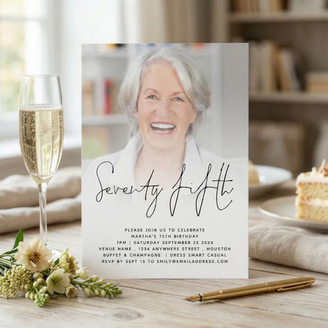 Modern Script Photo 75th Birthday Party Invitation | Zazzle