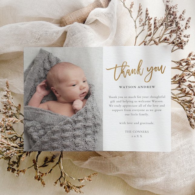 Modern Script Photo Baby Thank You Postcard (Elegant Gold Thank You Script Baby Photo Thank You Card.)