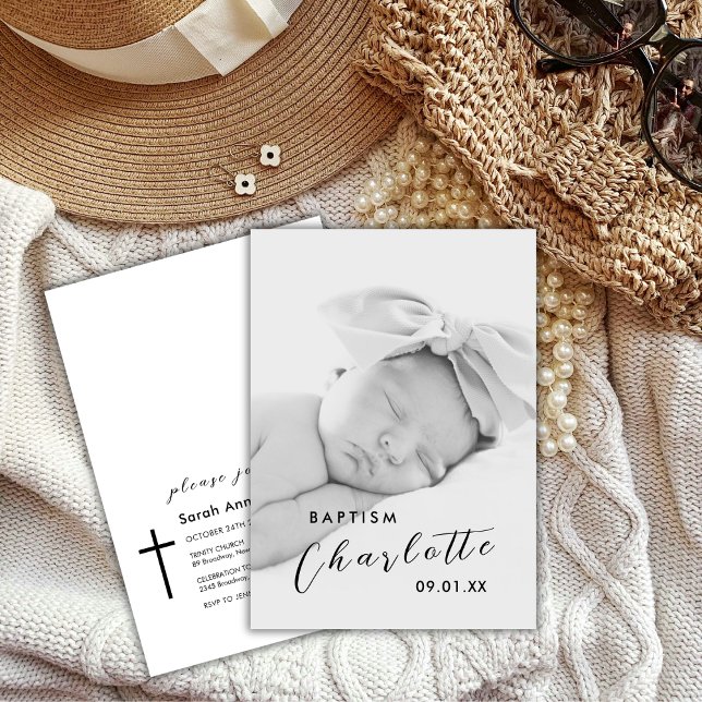 Modern Script Photo Black Cross Baptism Invitation (Modern Script Photo Black Cross Baptism Invitation)