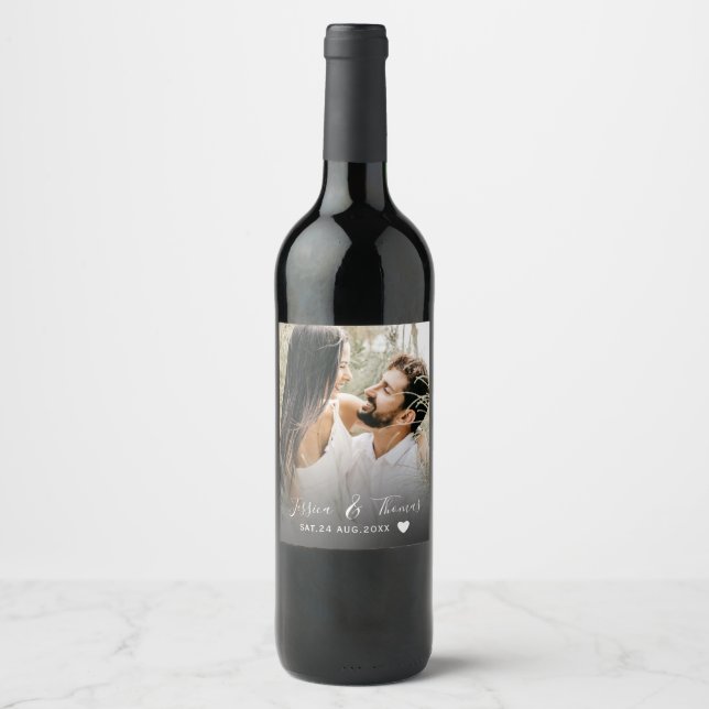 Modern Script Photo Black & White Wedding  Wine Label (Front)