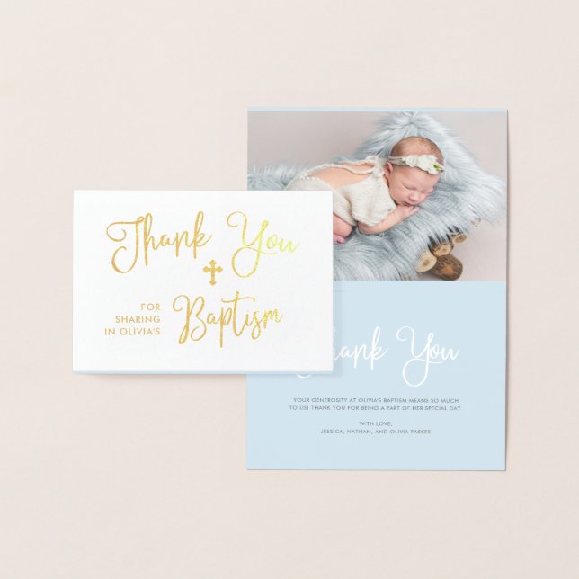 Modern Script | Photo Blue Baptism Thank You | Foil Card (Display)