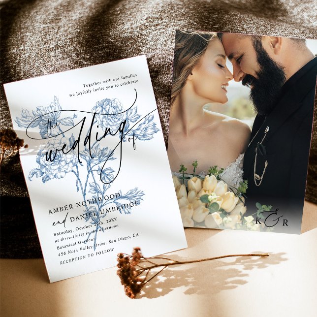 Modern Script Photo Blue Floral Wedding Invitation (Creator Uploaded)