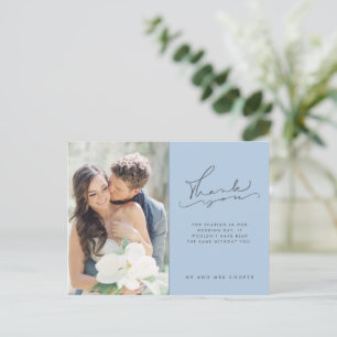 Modern Script Photo Blue Wedding Thank You Postcard