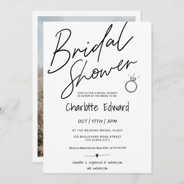 Modern script photo bridal shower ring black white invitation (Front/Back)