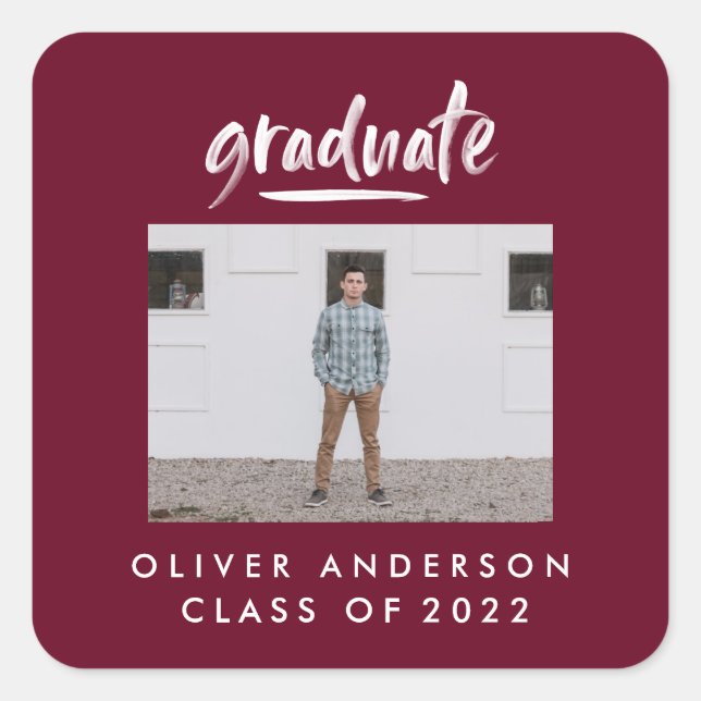 Modern script photo burgundy graduation square sticker (Front)