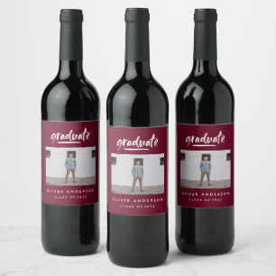 Modern script photo burgundy graduation wine label