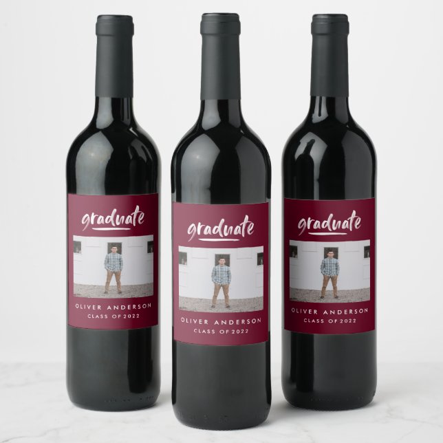Modern script photo burgundy graduation wine label (Bottles)