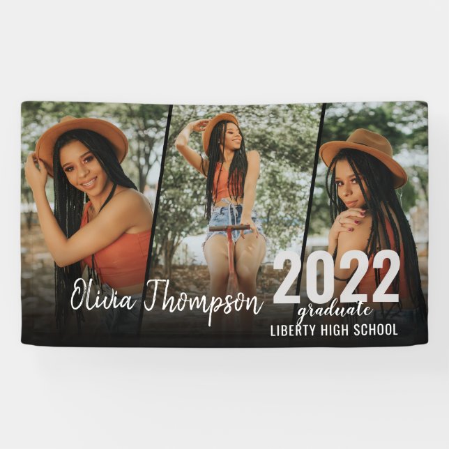 Modern Script Photo Collage Black Graduation Banner (Horizontal)
